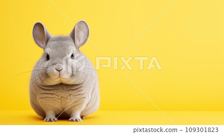 Advertising portrait, banner, beautiful fluffy gray color chinchilla, looks straight, isolated on yellow background 109301823
