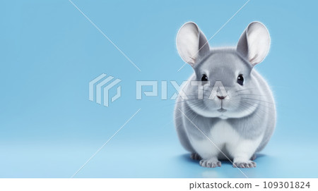 Advertising portrait, banner, beautiful fluffy gray color chinchilla, isolated on blue background 109301824
