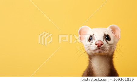 Advertising portrait, banner, funny white and brown gray wool color ferret, looks straight, isolated on yellow background 109301839