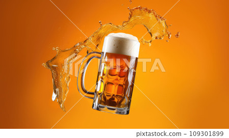 Beer glass and liquid splashed in the air isolate on the background. A full glass of light beer Lager or Pilsner 109301899