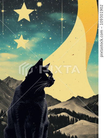 Minimalistic collage of a mountain at night, golden stars and black cat. Starry night in the background. Surreal collage-style paintings 109301902