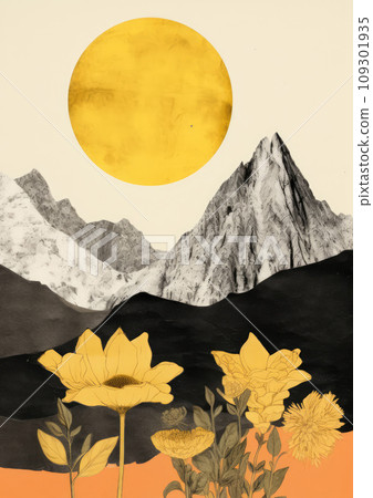 Minimalistic collage of mountain view, flowers and yellow sun in light the sky. Surreal collage-style paintings Minimalistic collage of mountain view, flowers and yellow sun in light the sky. Surreal collage-style paintings 109301935