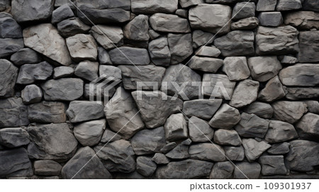 Black high detail mountain stone granite texture with cracks ans random shape bricks stacked one by one 109301937
