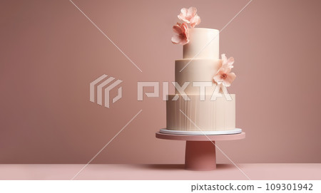 Advertising shot of a pink three layers flowers decorated wedding cake, isolated on pink background 109301942