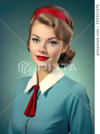 Retro 1960's pin up style postcard of stewardess girl, woman in light blue clothes isolated on blue background Retro 1960's pin up style postcard of stewardess girl, woman in light blue clothes isolated on blue background 109301976
