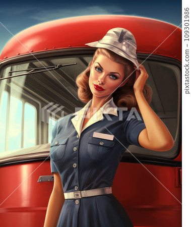 Retro 1960's pin up style postcard of bus driver woman in dark blue clothes, red bus at the background 109301986