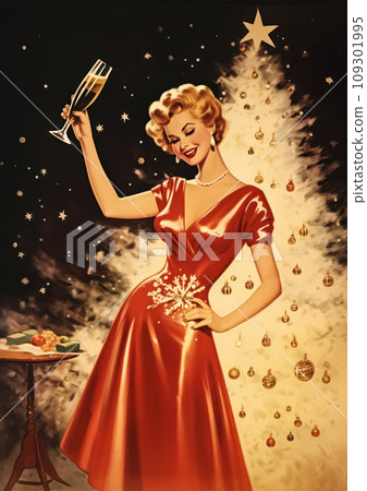 Retro 1960's postcard of happy woman, dancing in red dress with drink, champagne, Christmas tree behind with splashes on background 109301995