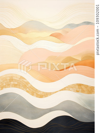 Minimalist collage of multiple abstract waves , lines, delicate colors, golden layer, minimalism, retro, on neutral background Minimalist collage of multiple abstract waves , lines, delicate colors, golden layer, minimalism, retro, on neutral background 109302001