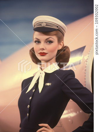 Retro 1960's pin up style postcard of stewardess girl, woman in airplane in dark clothes and white cap Retro 1960's pin up style postcard of stewardess girl, woman in airplane in dark clothes and white cap 109302002