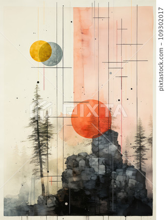 Minimalist abstract retro collage of sun, stones, trees, powdery delicate colors, collage-style paintings Minimalist abstract retro collage of sun, stones, trees, powdery delicate colors, collage-style paintings 109302017