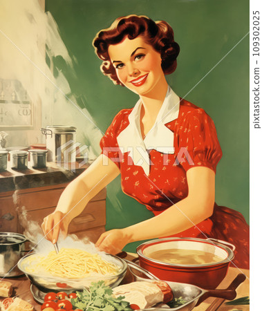 Retro 1960's pin up style postcard of smiling household woman in red shirt cooking spaghetti in the kitchen 109302025