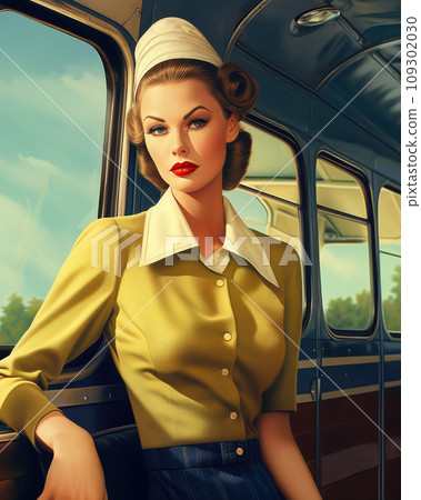 Retro 1960's pin up style postcard of bus driver woman in dark green clothes with inside of the bus 109302030