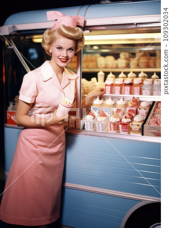 Full length retro 1960's postcard of happy smiling woman in pink dress, saleswoman sell ice cream 109302034