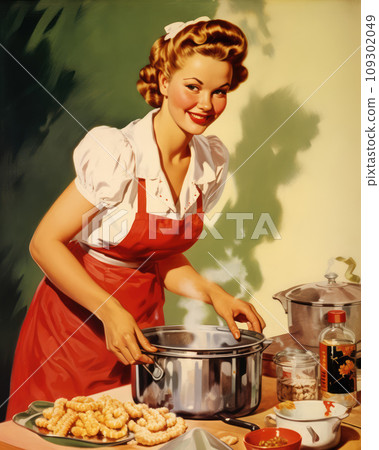 Retro 1960's pin up style postcard of woman in white shirt and a red apron cooking in the kitchen 109302049