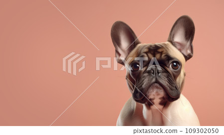 Advertising portrait, banner, sad and serious pug dog, looks straight, isolated on light red background 109302050