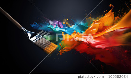 Advertising shot of a brush in color, paint flies, expression, play of light and shadow and uniform colorful background Advertising shot of a brush in color, paint flies, expression, play of light and shadow and uniform colorful background 109302084