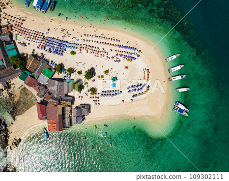 Aerial view drone shot of Amazing small island beautiful tropical sandy beach landscape view at koh Khai maew Island in Phang Nga Thailand,Amazing small island with many Cats live in small island Aerial view drone shot of Amazing small island beautiful tropical sandy beach landscape view at koh Khai maew Island in Phang Nga Thailand,Amazing small island with many Cats live in small island 109302111