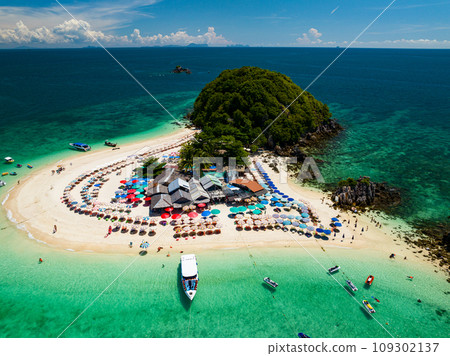 Aerial view drone shot of Amazing small island beautiful tropical sandy beach landscape view at koh Khai maew Island in Phang Nga Thailand,Amazing small island with many Cats live in small island 109302137