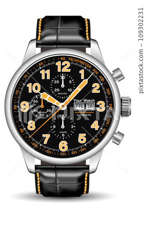 Realistic watch clock chronograph silver yellow white arrow number black leather strap on isolated design classic luxury vector 109302231