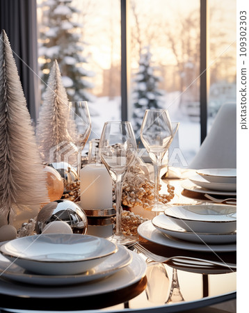 Christmas table setting with contemporary glass and decorations, designed in Scandinavian style 109302303