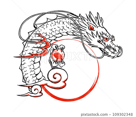 A circle shaped like a sunrise is placed on the neck of a traditional dragon. Print style, black and red. 109302348