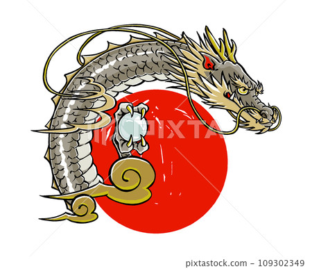 A red circle inspired by a sunrise is placed on the neck of a traditional dragon, brush-painted and matte-painted. A red circle inspired by a sunrise is placed on the neck of a traditional dragon, brush-painted and matte-painted. 109302349
