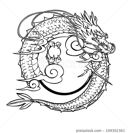 傳統風格龍頸和龍尾的中心放置了一個受日出啟發的圓圈。毛筆畫/線條畫 109302361