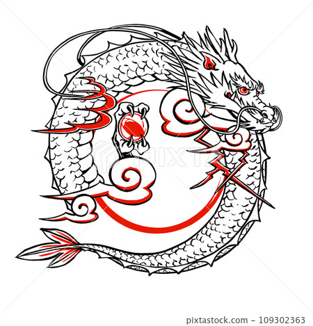 A circle inspired by a sunrise is placed in the center of the traditional stylized dragon neck and tail. Brush painting, black and red. A circle inspired by a sunrise is placed in the center of the traditional stylized dragon neck and tail. Brush painting, black and red. 109302363