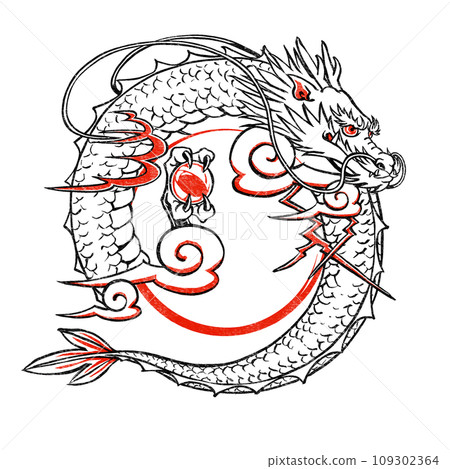 A circle inspired by a sunrise is placed in the center of the traditional stylized dragon neck and tail. Print style, black and red. A circle inspired by a sunrise is placed in the center of the traditional stylized dragon neck and tail. Print style, black and red. 109302364