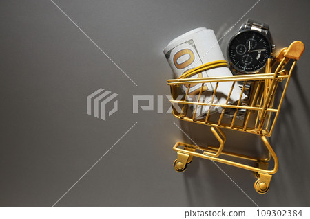 Clock and cash in shopping cart on gray background, space for text Clock and cash in shopping cart on gray background, space for text 109302384