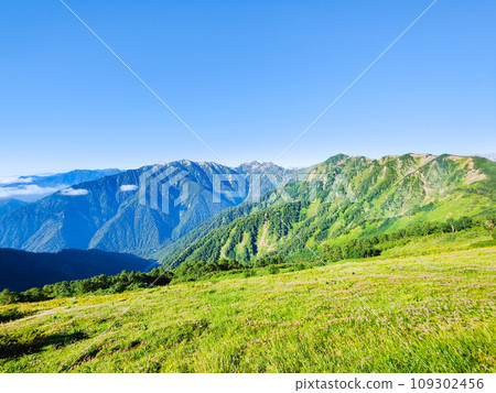 Climbing Mt. Jigatake in summer (view towards Mt. Harinoki and Mt. Renge from near Taneike Sanso) 109302456
