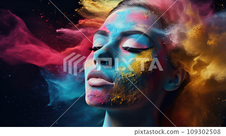 Advertising shot, face covered with multi-colored powder particles, energy, portrait on pure color background 109302508