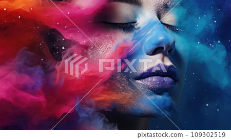 Advertising shot, face in multi-colored powder particles, energy, portrait on pure color background 109302519