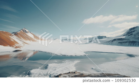 Lanscape shot of water between snowy alpine mountain freeride slope on a sunny winter day and blue sky 109302530