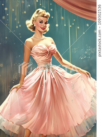 Retro 1960's postcard of smiling blond hair woman, in beautiful long pink dress on stage with splashes on background Retro 1960's postcard of smiling blond hair woman, in beautiful long pink dress on stage with splashes on background 109302536