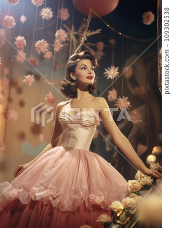 Retro 1960's postcard of smiling woman in beautiful long pink dress, bare shoulders on stage with splashes on background 109302538