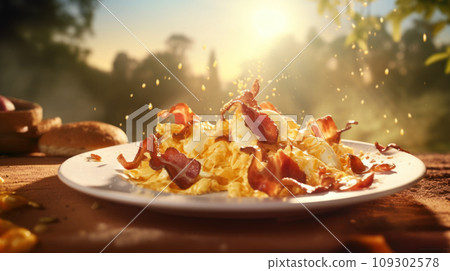 Scrambled eggs and crispy bacon slices on a breakfast plate on a wooden table with sunny sky Scrambled eggs and crispy bacon slices on a breakfast plate on a wooden table with sunny sky 109302578