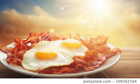 Scrambled eggs and bacon on a breakfast plate on a wooden table with sunny sky and scattered clouds 109302584