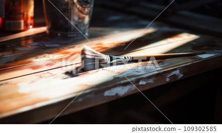 Lifestyle shot of painting brush with paint cans on wooden table. Play of light and shadow 109302585