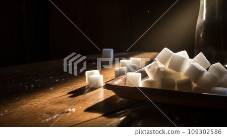 Lifestyle product shot of sugar bricks on a tray on wooden table highlighted from the window. Play of light and shadow 109302586