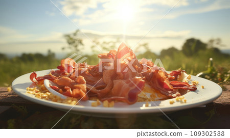 Scrambled eggs and crispy bacon slices on plate on wooden table with sunny sky on the background 109302588