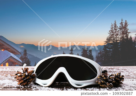 Snowboard goggles on the background of a winter forest 109302887