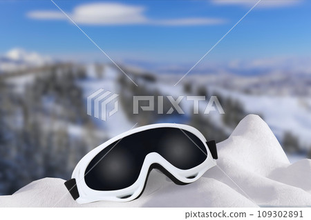 Snowboard goggles on the background of a winter forest 109302891