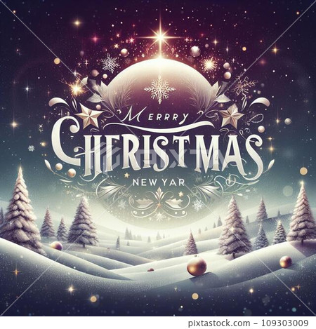 Merry Christmas and Happy New Year. Festive background with Christmas trees, houses and snowflakes. 109303009