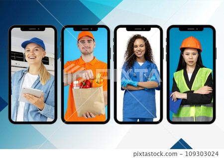 A collage of photos of various professions on the smartphone screen 109303024