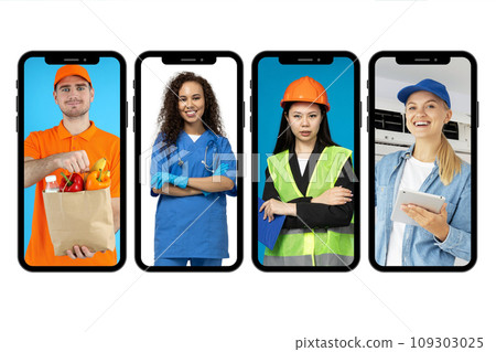 A collage of photos of various professions on the smartphone screen 109303025