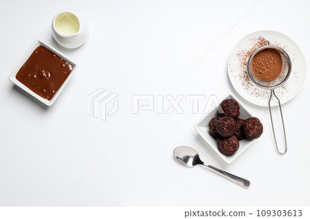 Brigadeiro, bowl with chocolate and cocoa powder on white background, space for text 109303613