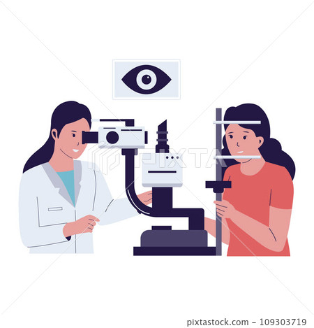 Ophthalmologist checking eyesight of his patient using eye test machine 109303719