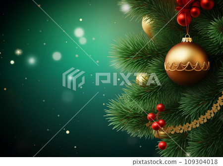 Christmas baubles on wooden table and green bokeh background 109304018