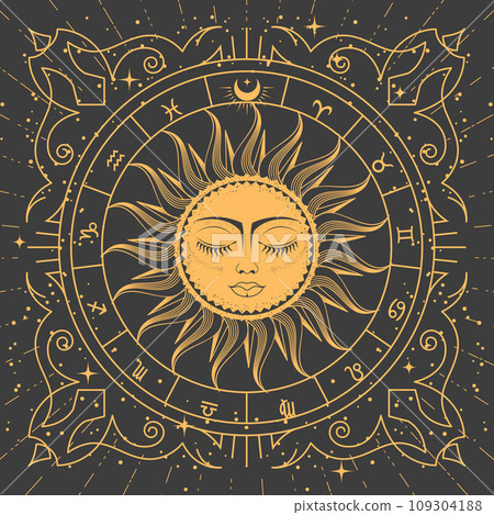 Ornamental tarot style frame with magic sun, zodiac signs and esoteric patterns, mystic frame Ornamental tarot style frame with magic sun, zodiac signs and esoteric patterns, mystic frame 109304188